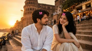 AI Couple Photo Trend with Pink Bow at Ghat