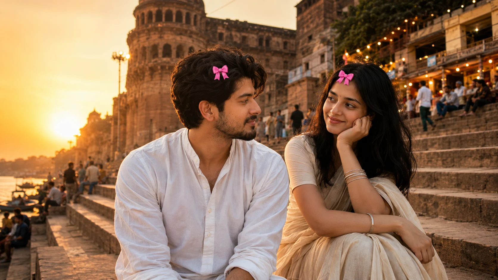 AI Couple Photo Trend with Pink Bow at Ghat